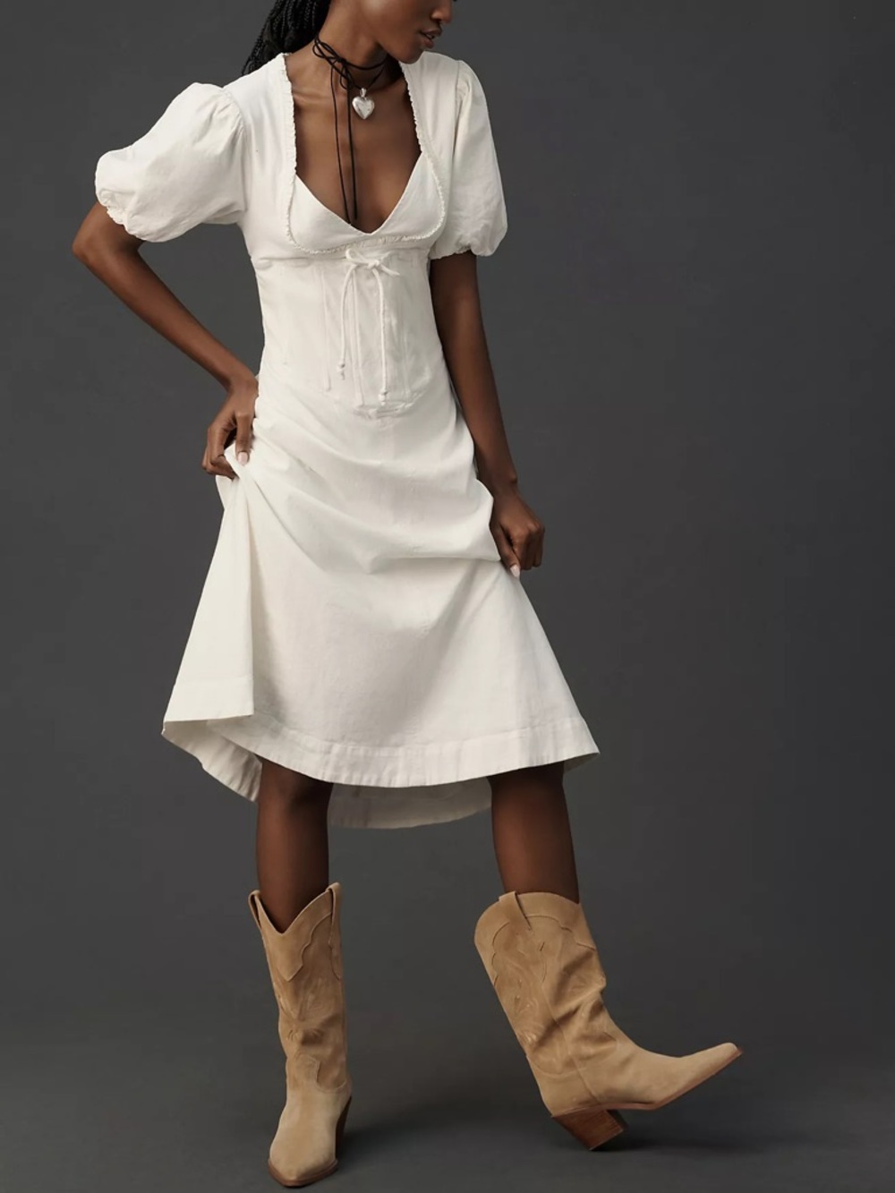 NWT Anthropologie Maeve Puff-Sleeve Corset Linen Midi Dress White M Medium